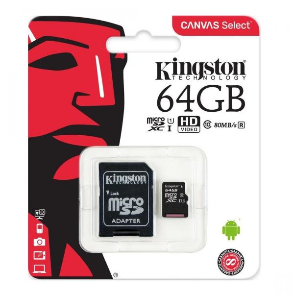 Cartão de Memória 64gb Microsd Kingston C 10 + Adaptador Usb