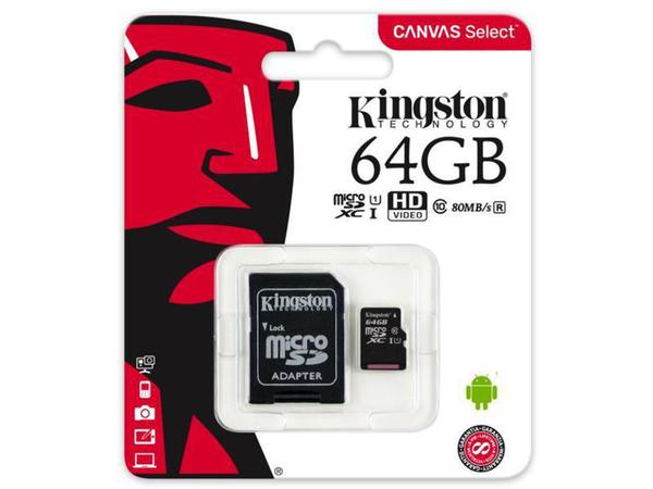 Cartao de Memoria 64GB MicroSD Kingston Classe 10 com Adaptador - SDCS/64GB