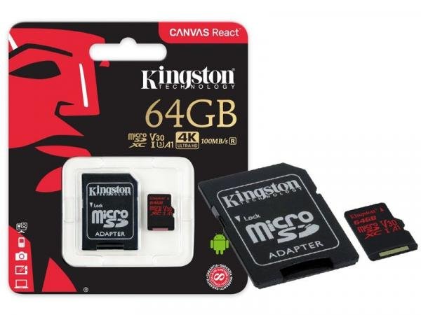 Cartao de Memoria Classe 10 Kingston SDCR/64GB Micro SDXC 64GB 100R/80W UHS-I U3 V30 Canvas React