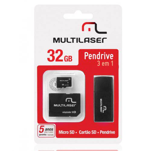 Cartao de Memoria 32gb 3 em 1 Micro Sd + Adaptador Sd + Leitor USB Classe 10 - Multilaser