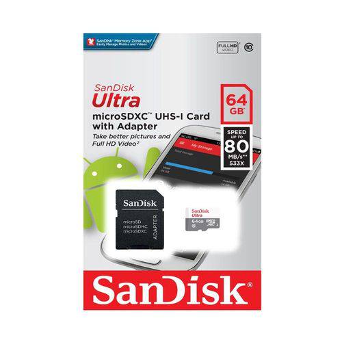 Cartão de Memória Micro Sd 64gb 80mb/s Ultra com Adaptador Sd - Sandisk