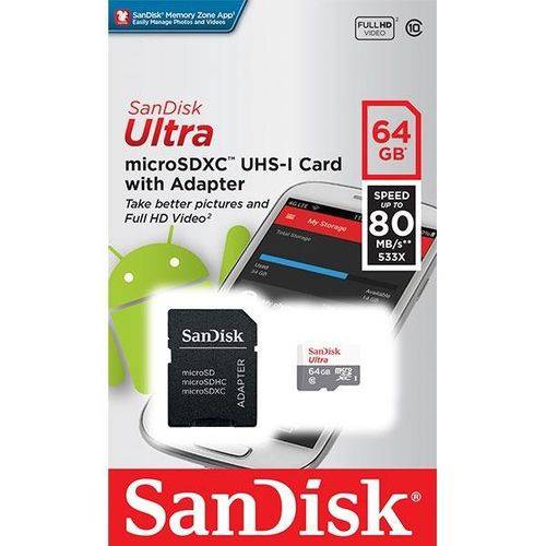 Cartão de Memoria Micro Sd Sandisk Sdhc 64gb Ultra Classe10 80mb/s