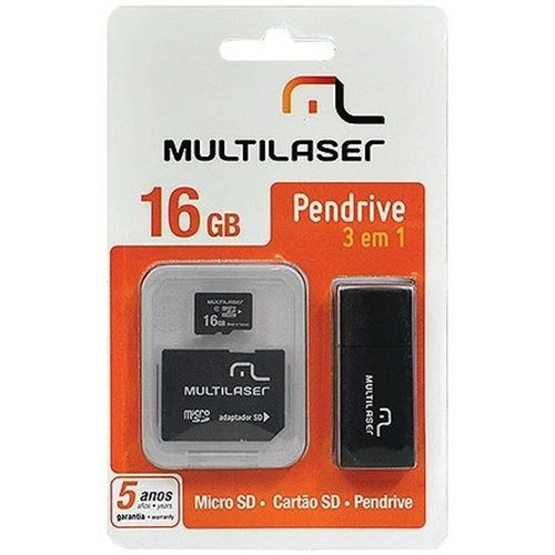 Cartão de Memória Multilaser, Micro Sd, Classe 10, 16GB, 3 em 1