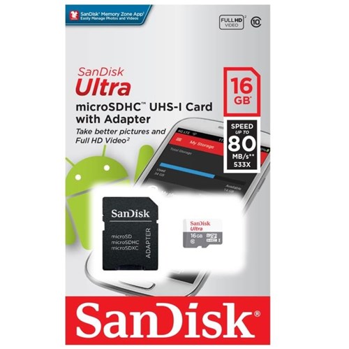 Cartão de Memória Sandisk 16Gb Micro Sd Classe 10 80Mb/s Sdsquns-016G