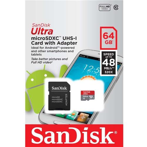 Cartão de Memória SanDisk 64GB Ultra MicroSDHC (Classe 10) Card + Adapter For Android (SDSDQUAN-064G-G4 T) - Sandisk