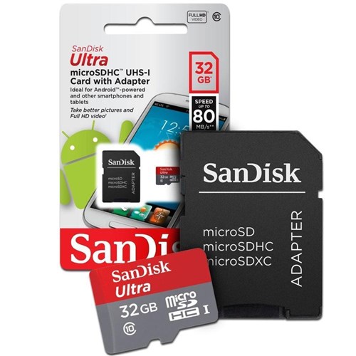 Cartão de Memória Sandisk 32Gb Microsd C/ Adaptador, Sdsqunc-032G, Classe 10, Ultra 80Mb/S