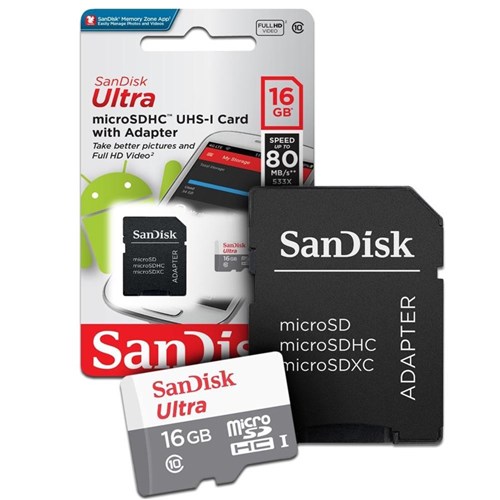 Cartão de Memória Sandisk Micro Sd 16Gb + Adaptador, Classe 10, Ultra 80Mb/S