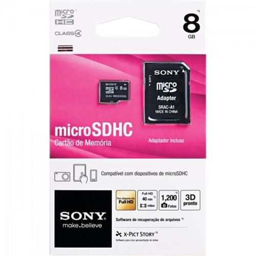 Tudo sobre 'Cartão Memória 8GB Micro SDHC Adaptador SRACA1 CLASSE 4 SONY'