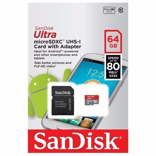 Cartão Memória Micro Sd Ultra Sandisk 64gb 80mb/s Classe 10 Clr P/ Celular A3 Galaxy Samsung