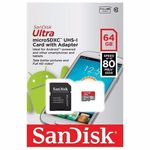 Cartão Memória Micro Sd Ultra Sandisk 64gb 80mb/s Classe 10 clr p/ Celular A7 2016 Galaxy Samsung