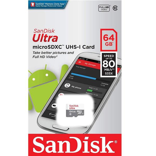 Cartão Micro Sd 64gb Sandisk Sdxc Classe 10 80mbs