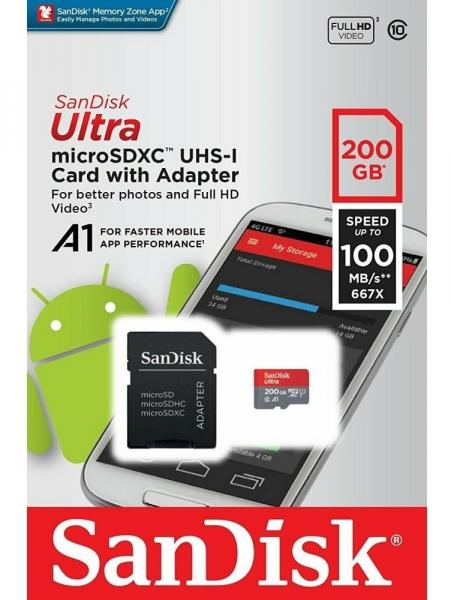 Cartão Micro Sd Sandisk Ultra 200gb 100mb/s com Adaptador Sd