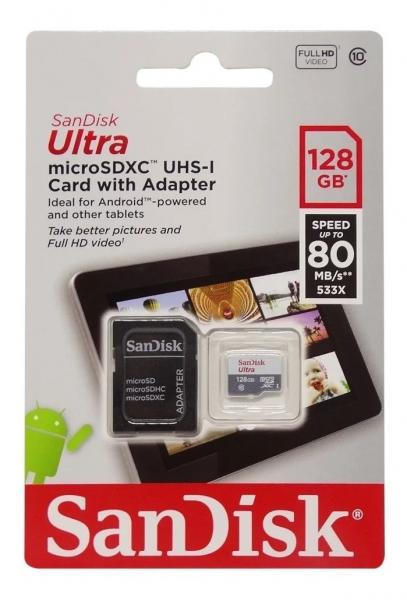 Cartão Micro Sd Sandisk Ultra 128gb 80mb/s com Adaptador SD
