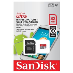 Cartão Micro SD Ultra Classe 10 32GB com Adaptador 80MB/S Sandisk para GoPro