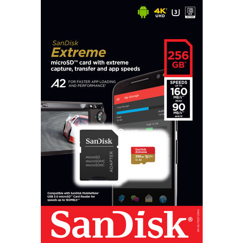 Cartão Microsdxc Sandisk 256gb Classe 10 Extreme A2 160-90mb/s