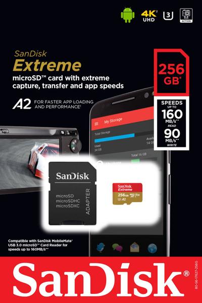 Cartão MicroSDXC Sandisk 256GB Classe 10 Extreme A2 160-90MB/s