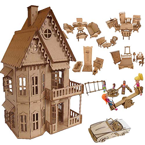 Casa Casinha de Boneca Polly em Mdf Cru com Moveis Parque e Carro CC1