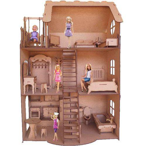 🏷️【Tudo Sobre】→ Casa Casinha para Boneca Barbie com 24 Mini Móveis em Mdf  Cru Csb1