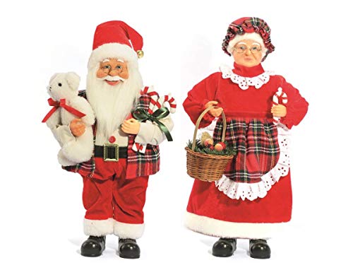 Casal Papai Noel e Mamãe Noel Tradicional Xadrez 41cm Urso e Cesta 2 Peças - Magizi