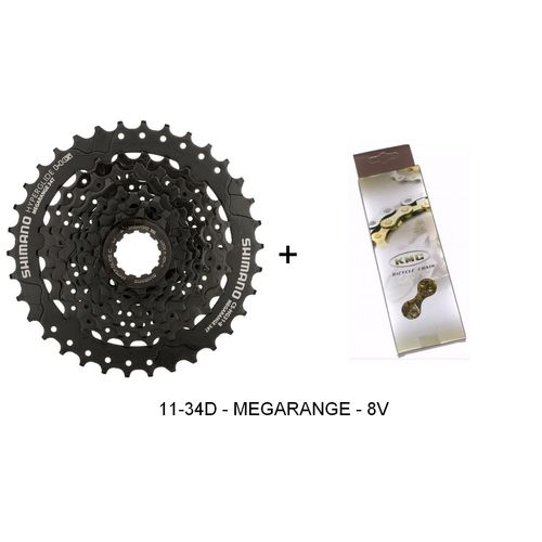 Cassete Shimano Altus Cs-hg31 11-34d - Megarange + Corrente Kmc X8 Gold / Dourado 116 Elos - 8v