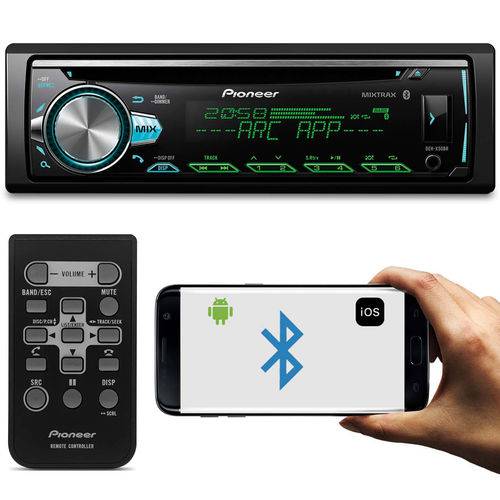 Cd Player Automotivo Pioneer Deh-X50BR 1 Din Bluetooth USB Aux Rca MP3 Android Ios Spotify Mixtrax