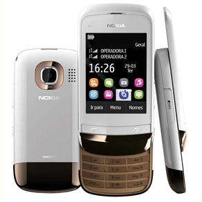 Celular Desbloqueado Nokia C2-03 Branco/Dourado Dual Chip C/ Câmera 2MP, Touch Screen, Rádio FM, MP3, Bluetooth, Fone de Ouvido e Cartão 2GB