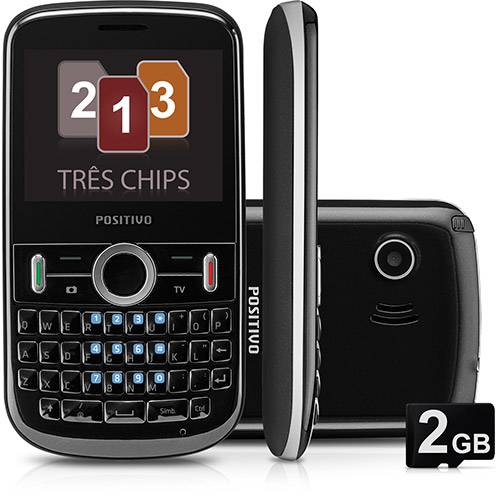 Celular Positivo P100 - GSM. Tri Chip. TV. Teclado Qwerty. Câmera de 1.3MP. Bluetooth. MP3 Player. Rádio FM. Cartão de 2GB - Preto