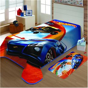 Cobertor Infantil Mattel Hot Wheels Pista Poliéster Microfibra Jolitex 1,50mx2,00m Azul