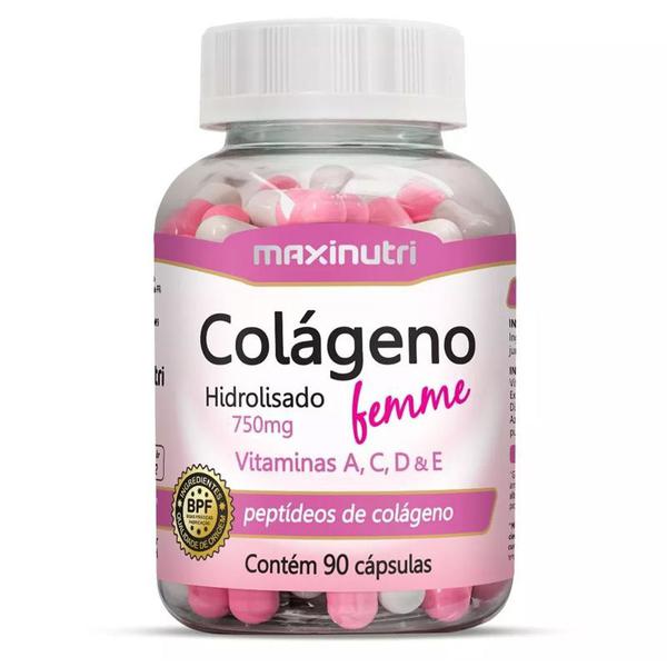 Colágeno Hidrolisado Femme com Vitaminas A, C, D ,E 750mg 90 Cápsulas - Maxinutri