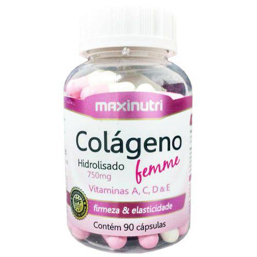 Tudo sobre 'Colágeno Hidrolisado Femme + (Vitaminas A, C, D, E) Maxinutri 750mg C/ 90 Cápsulas'