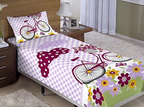 Colcha/Cobre-Leito Cama Solteiro Bicicleta com Flores Menina com 2 Peças