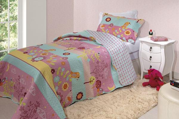 Colcha Patchwork Teen - Solteiro - Dupla Face - C/ Porta Travesseiro - Jardim - Rozac