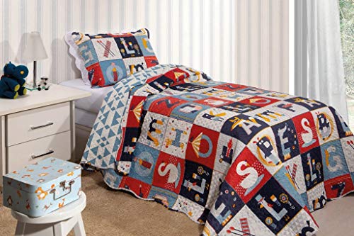 Colcha Patchwork Teen - Solteiro - Dupla Face - C/Porta Travesseiro - Letras - Rozac