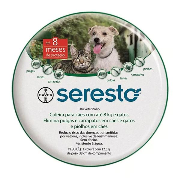 Coleira Antipulgas e Carrapatos Bayer Seresto para Cães e Gatos Até 8 Kg