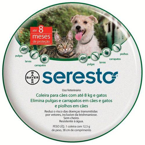 Coleira Antipulgas Seresto Bayer Cães e Gatos Até 8kg