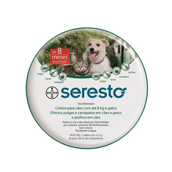 Coleira Seresto Bayer Antipulgas e Carrapatos para Cães e Gatos Até 8 Kg