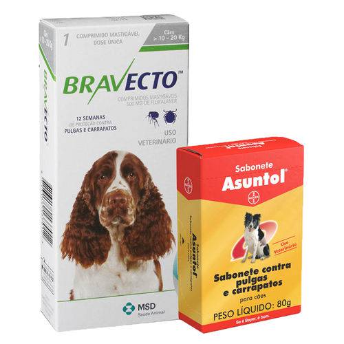 Tudo sobre 'Combo Bravecto Remédio para Carrapato e Pulga em Cachorro 10 a 20kg 500mg e Sabonete Asuntol 80g - Bayer'