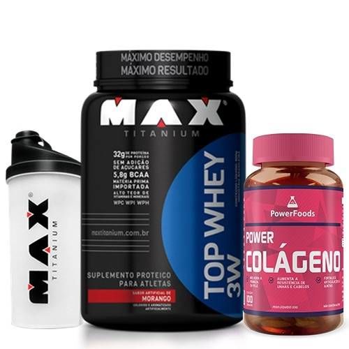 Tudo sobre 'Combo Massa Magra Pele Linda - Top Whey 3w Power Colageno Coqueteleira Max Titanium - Morango'