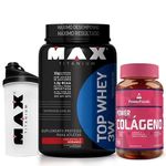 Combo Massa Magra Pele Linda - Top Whey 3w Power Colageno Coqueteleira Max Titanium - Morango