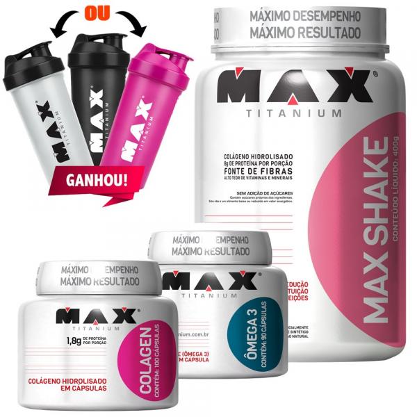 Tudo sobre 'Combo Max Shake 400g + Omega 3 + Colagen + Coq Max Titanium'