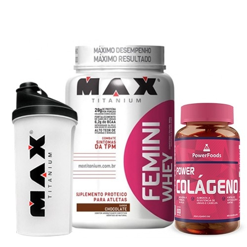 Combo Mulher Sarada - Power Colageno Femini Whey Coqueteleira Max Titanium - Chocolate