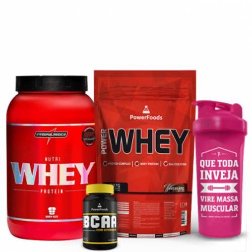 Combo Nutri Whey Pote Power Whey Refil Powerbcaa Coqueteleira Rosa - Baunilha/Chocolate