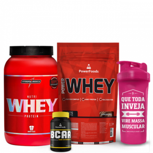 Combo Nutri Whey Pote + Power Whey Refil + Powerbcaa + Coqueteleira Rosa - Chocolate