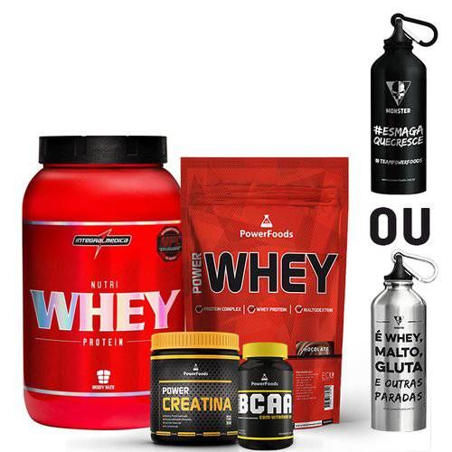 Combo Nutri Whey Power Whey Bcaa Crea Garrafa de Metal Preta - Baunilha