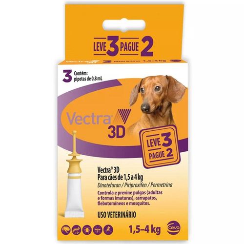 Combo Vectra 3D Cães 1,5 a 4kg 3 Pipetas Ceva AntiPulgas e Carrapatos