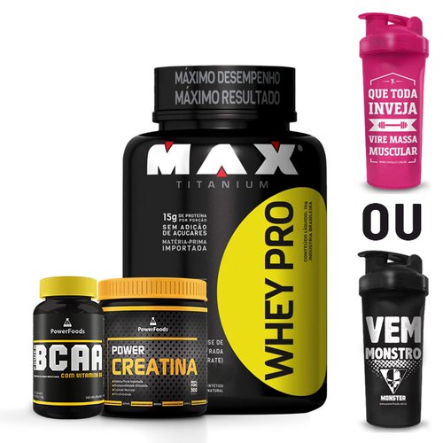 Combo Whey Pro Max Titanium Power Bcaa Power Creatina Coqueteleira Rosa - Choco