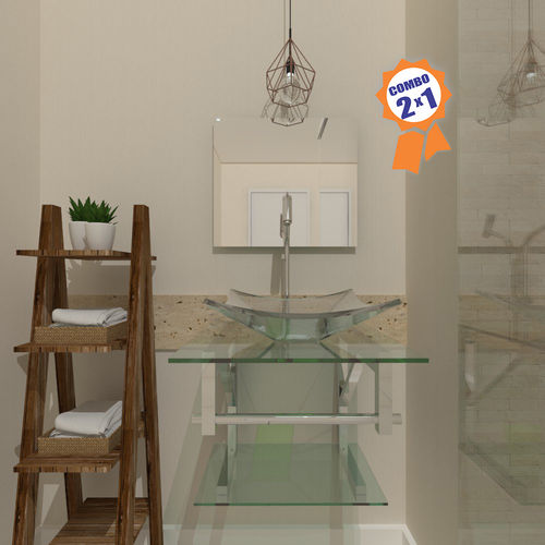 Combo 2 X 1 Gabinete de Vidro 45cm para Banheiro Cuba Quadrada - Escócia + Torneira Algarve-Incolor