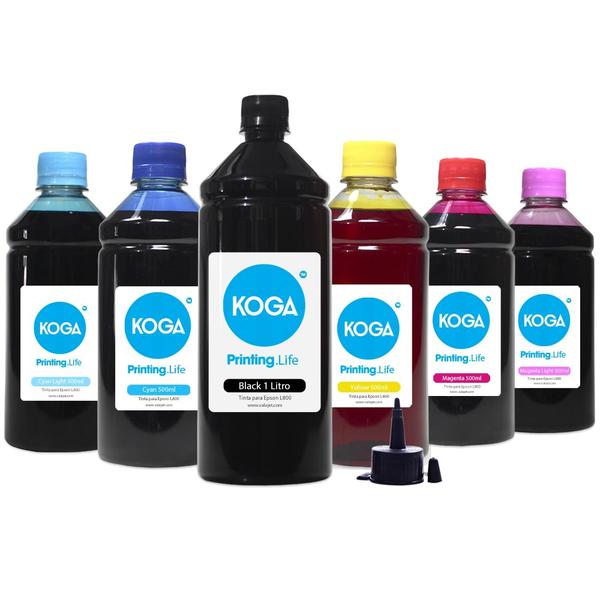 Compatível: Kit 6 Tintas para Epson L800 Black 1 Litro Color 500ml Corante Koga