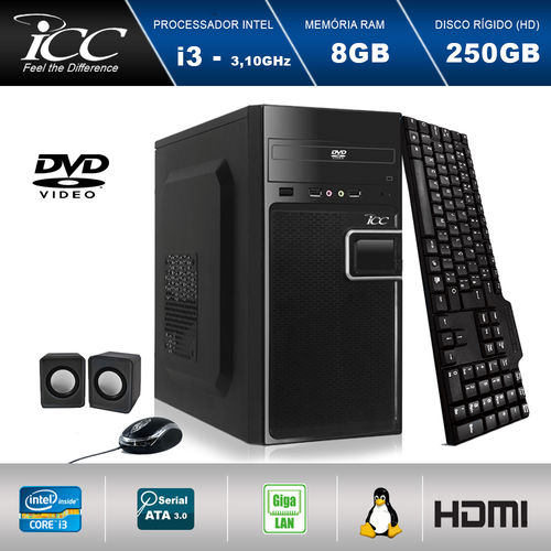 Computador Desktop Icc Iv2380c2 Intel Core I3 3.20 Ghz 8gb HD 250gb Dvdrw, Teclado, Mouse, Cx de Som Hdmi Fullhd