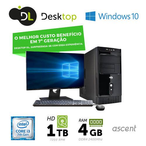 Computador DL Ascent - Intel Core I3 4GB/1TB USB3.0 Windows 10 SL+ Monitor 19,5" Mouse e Teclado
